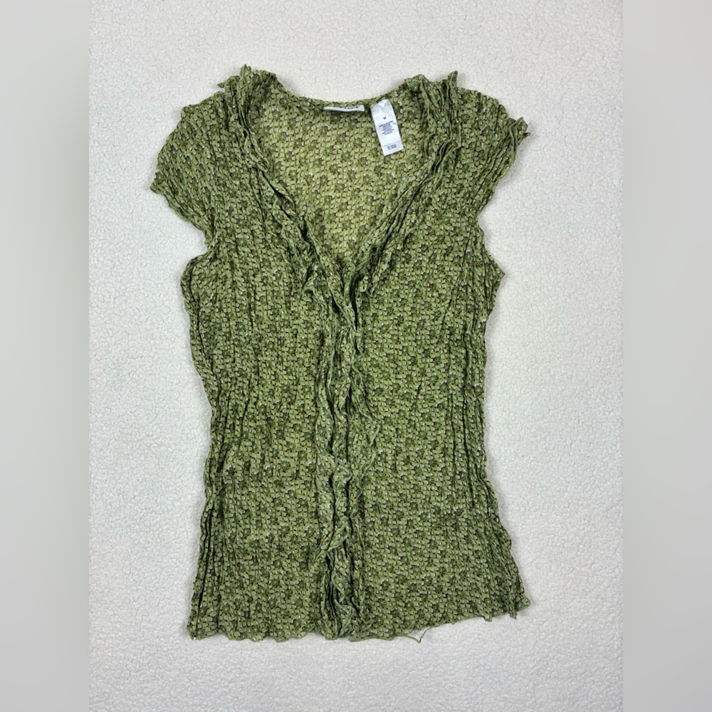 Y2K TINT Women's Medium Ruched Blouse Top Green Brown Ruffles Sheer